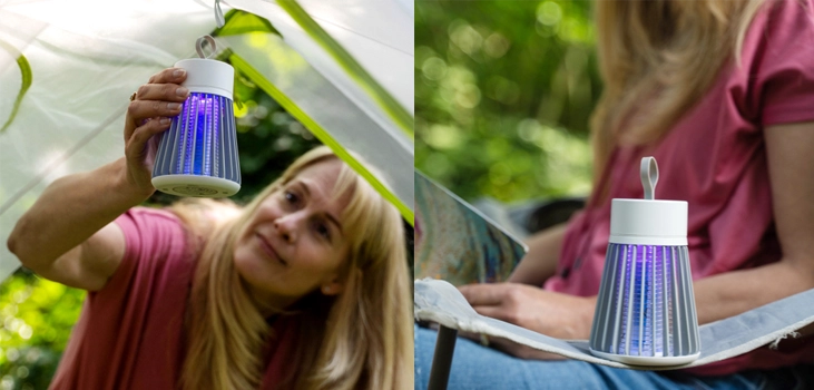 slide of a woman using mosquitozap in two different occasions. In her tent and when relaxing